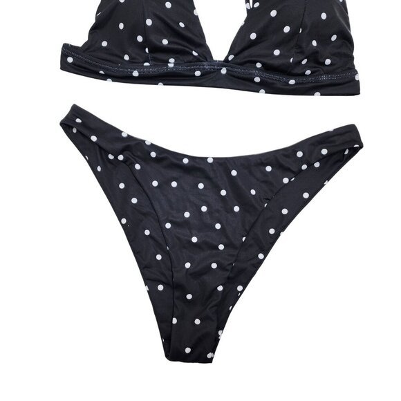 Black White Polka Dot Bikini Set  Adjustable Straps & High-Cut Bottoms Size L - Picture 4 of 7